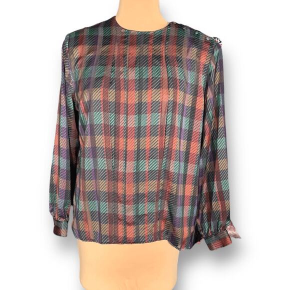 Vintage Notations Burgundy Plaid Blouse Satin Button Shoulder Long Sleeve Large - Picture 11 of 11